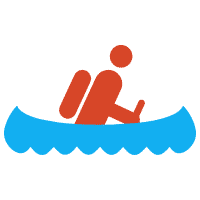 Pictogramme représentant une personne sur son canoë kayak avec un sac de randonnée