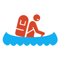 Pictogramme représentant une personne sur son Canoë kayak avec un grand sac de randonnée