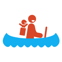 Pictogramme avec un homme et son enfant heureux sur un canoë kayak.